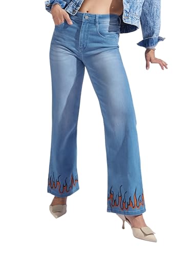 Miss Chase Women's Straight Fit Mid Rise Hand Painted Stretchable Denim Jeans (MCSS18DEN02-19-392-32, Vivid Blue, 32)