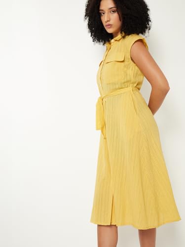 Max Women Striped Shirt Midi Dress (Yellow_M)