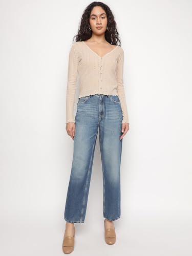 GUESS Beige Self Design V-Neck Amira Shiny Yarn Cardigans