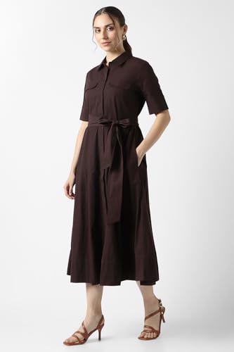 Women Brown Solid Calf-Length Casual Dress