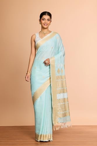 Taneira Women Light Blue Assam Woven Modal Eri Saree with Unstitched Blouse Piece (SAIH01AB9978-Light Blue)