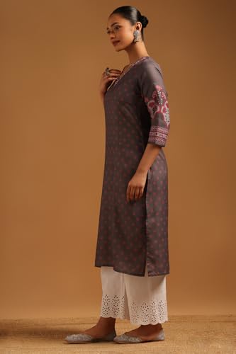 Soch Womens Charcoal Linen Floral Kurta with Sequin Details