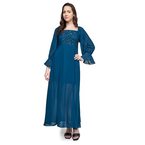 AND women's Polyester Fit Flare Long Length Dress (FW22AB017MXPG_TEAL_M)