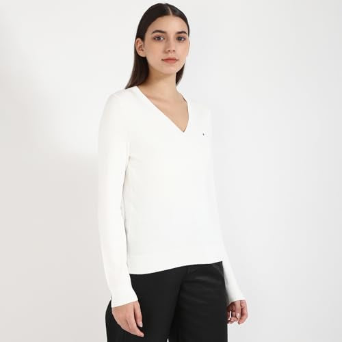 Tommy Hilfiger Women's Viscose V-Neck Sweater (S25HWSW015 White