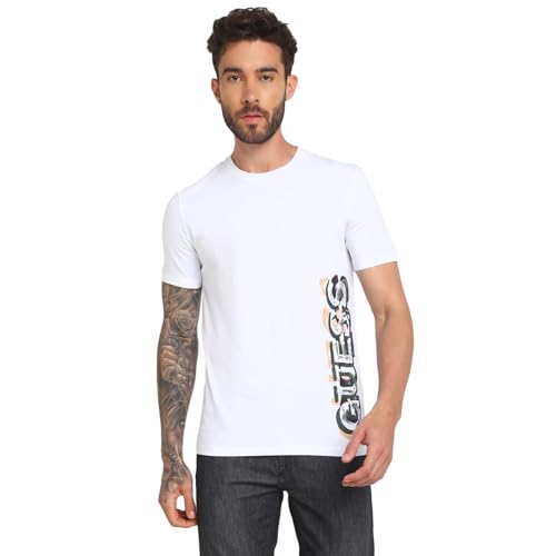 GUESS Men's White Cotton Printed Slim Fit Half Sleeves T-Shirt