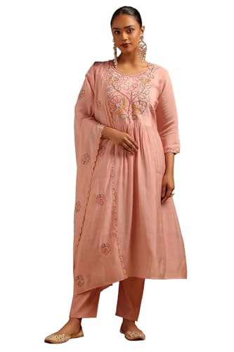 Soch Womens Pink Mul Chanderi Floral Salwar Suit With Hand Embroidery and Bead Details