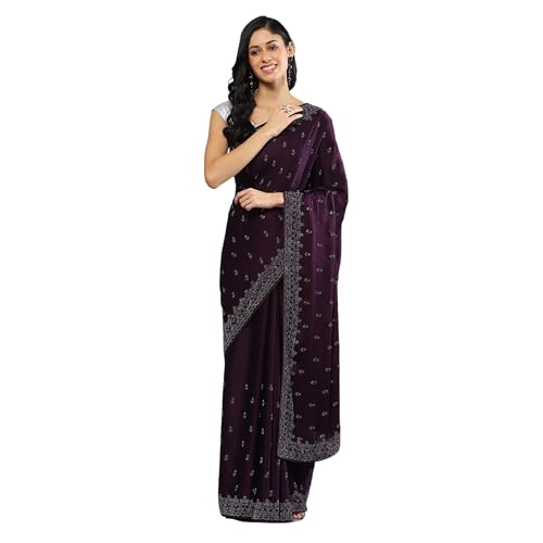 Meena Bazaar Purple Embellished Satin Saree With Blouse Piece