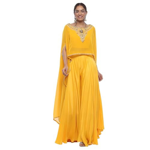 Biba Women Yellow Viscose Blend Lehenga & Blouse With Cape_36