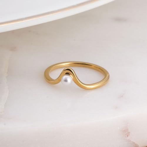 PALMONAS Delicate Vee Pearl Ring for Womens (Size- 6) - Waterproof & Anti-Tarnish, Gift for Girls & Women