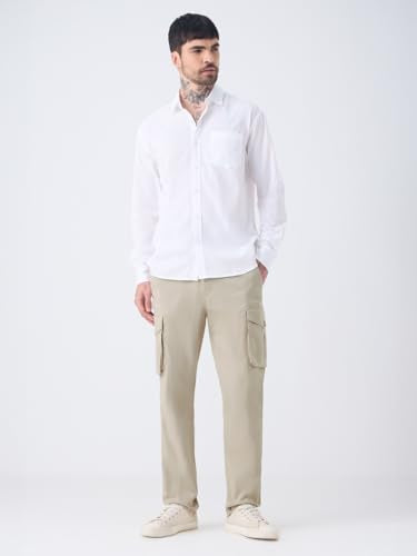 The Souled Store Solids: Beige Men and Boys Solid Cotton Twill Stretchable Utility Casual Streetwear Straight Fit Cargo Pants