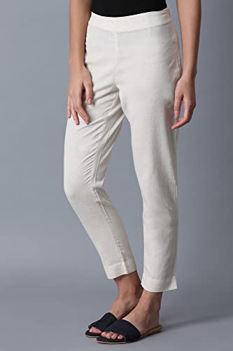 W for Woman White Solid Mid-Rise Cotton Flax Slim Pants (Size: 3XL)-WCR60151-211345