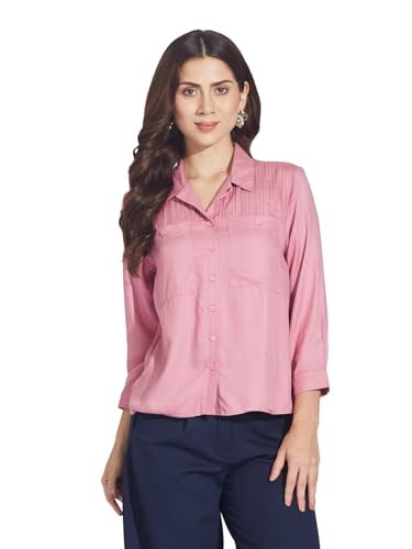 Latin Quarters Women Pink 3/4 Sleeve Spread Collar Solid Shirt_L