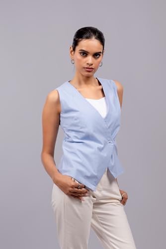 ZLAATA Blue Striped Formal Waistcoat Top for Women | Rayon Fabric | V Neck Style | Regular Fit with Straight Hemline | Sleeveless Tops for Women Stylish | Pack of 1 (Blue, S)