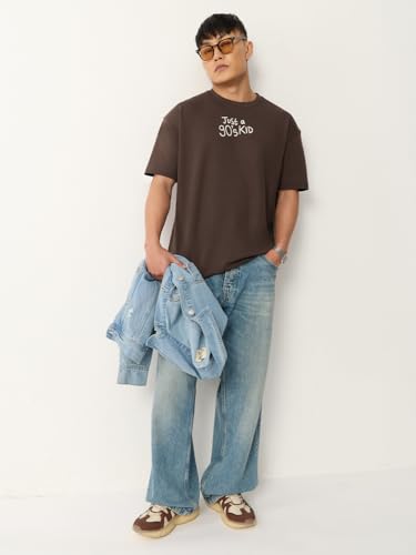 The Souled Store Flashback Fits: A 90's Kid Men and Boys Short Sleeves Round Neck Dark Brown Graphic Printed 90s Nostalgia Casual Lightweight Drop Shoulder Streetwear Trendy Cotton Oversized T-Shirt