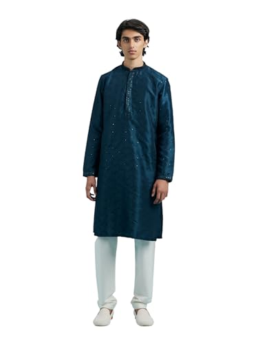 DIWAS BY MANYAVAR Men's Art Silk Self Design Festive Kurta Set (2pc) (Blue, L)