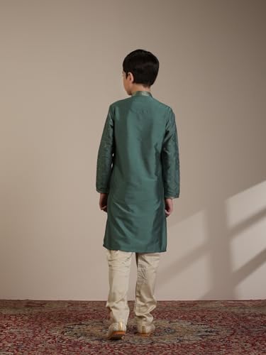 Manyavar Olive Green Blended Viscose Embroidery|Zari Kurta Pyjama Set for Child(12-14 years)