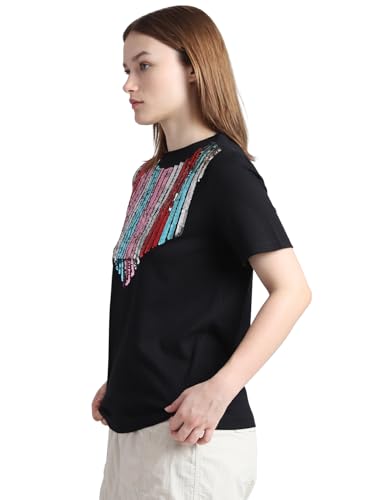 ONLY Women Embellished Cotton Black T-Shirt
