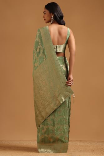 Soch Womens Olive Silk Blend Botanical Zari Woven Saree