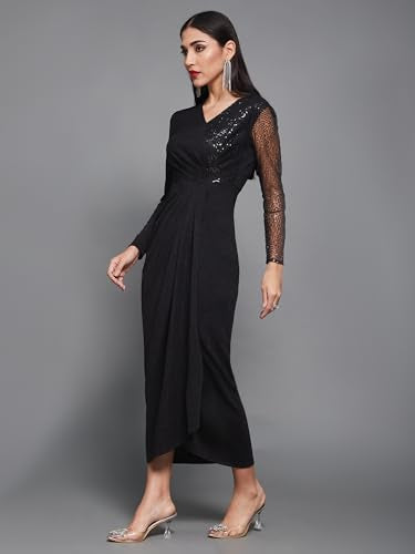Miss Chase Women's Fit and Flare Full Length Pleated V-Neck Full Sleeve Dress (MCAW23D13-86-62-07, Black, 2XL)