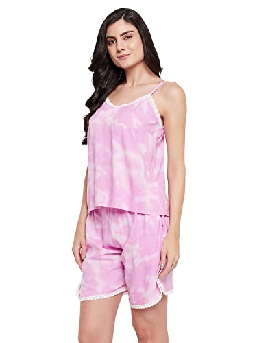 Clovia Women's Rayon Tie-Dye Cami Top & Shorts Set (LS0419E22_Pink_M)