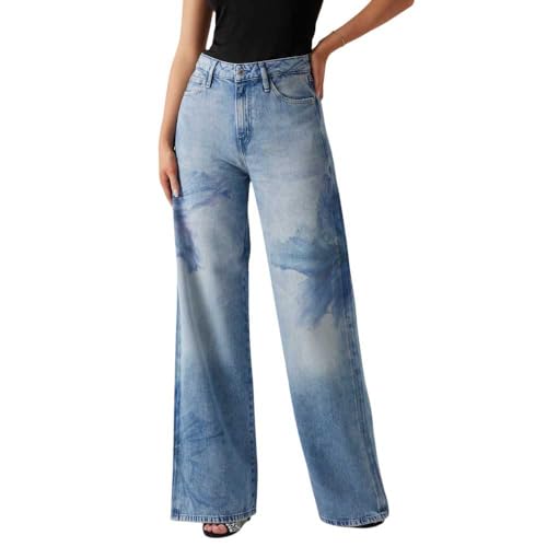 GUESS Women's Blue Printed Mid-Rise Wide Leg Jeans