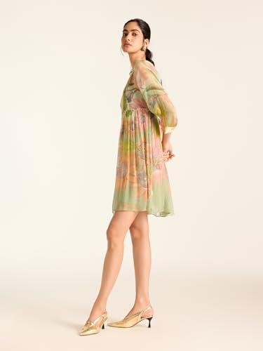 Label RITU KUMAR Green Miley Full Sleeves Printed Short Dress
