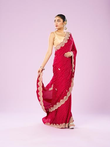 MOHEY Women's Satin Embroidery|Stone Work|Sequin Work Saree with Blouse Piece(Rani)