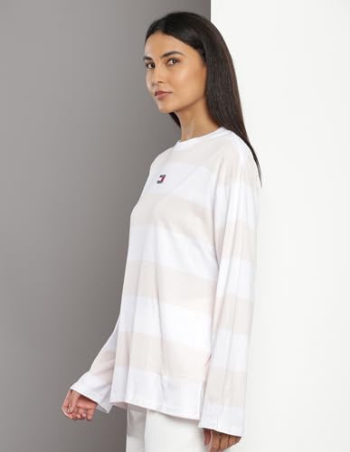 Tommy Hilfiger White-Pink Cotton Solid Round Neck Full Sleeves Relaxed Fit Women T-Shirt (F23JWKT106) Size-L