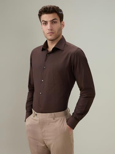 Raymond Men Slim Fit Solid Chambray Pattern Pure Cotton Semi Cutaway Collar Full Sleeve Formal Shirt