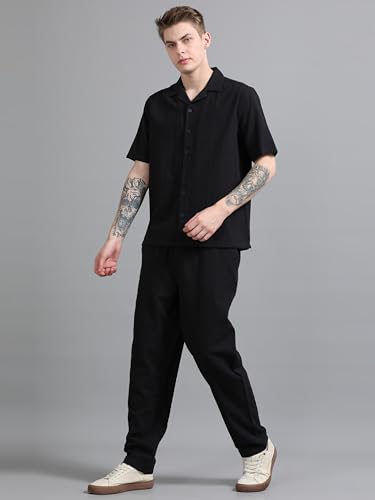 StitchX Men’s Airport Look Textured Seersucker Resort Cotton Shirt & Trouser Co-Ord Set Midnight Black-XL
