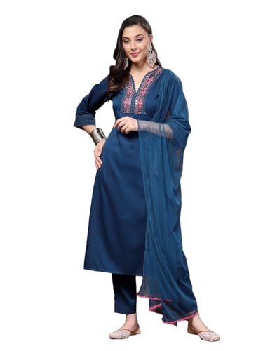 Stylum Women's Teal Solid & Embroidered Italian Crush Straight Kurta Pant Dupatta Set
