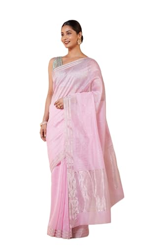 Taneira Women Pink Woven Pure Silk Cotton Chanderi Saree with Unstitched Blouse Piece (SHH08G00130-Light Pink)
