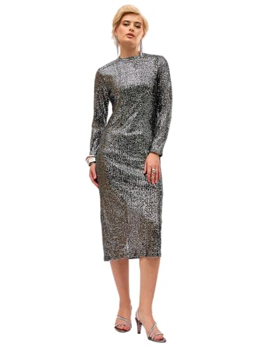 Sassafras Women Black Sequin High Neck Back Slit Midi Dress S