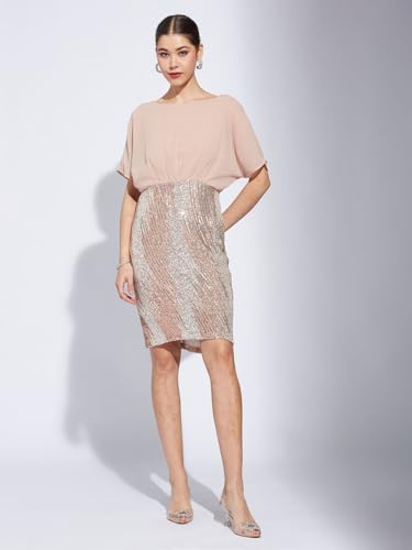 Latin Quarters Women Copper Round Neck Half Sleeve Solid Bodycon Dress_XS