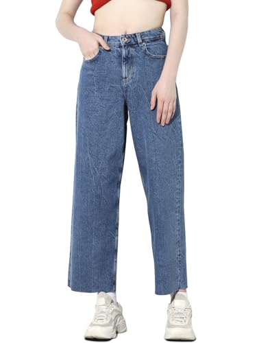 ONLY Women's Solid Straight Fit High-Rise Blue Jeans