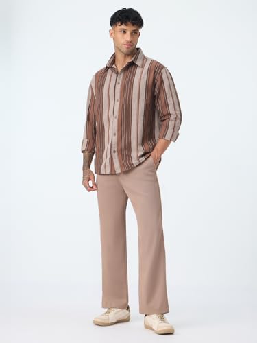 The Souled Store Cotton Linen Stripes: Latte Men and Boys Long Sleeve Spread Collar Brown Striped Casual Easy to Style Everday Office Wear Cotton Linen Shirt