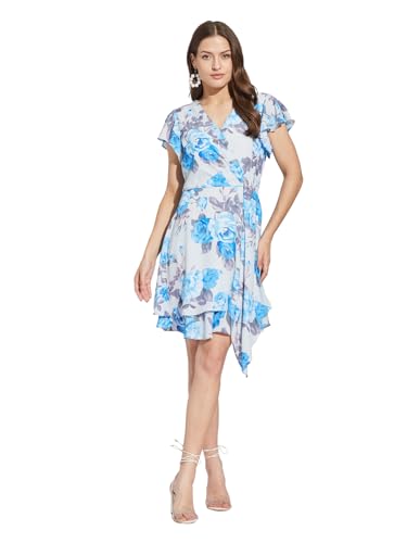 Latin Quarters Women Blue V-Neck Half Sleeves Printed Above Knee A-Line Dress for Casual Wear_L