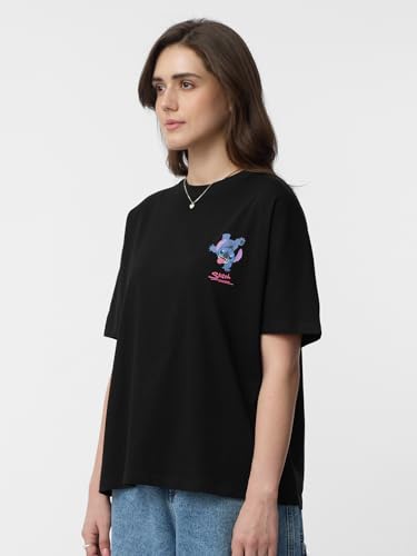 The Souled Store Lilo & Stitch: Out of This World Women and Girls Short Sleeves Round Neck Black Graphic Printed Cotton Oversized T-Shirts
