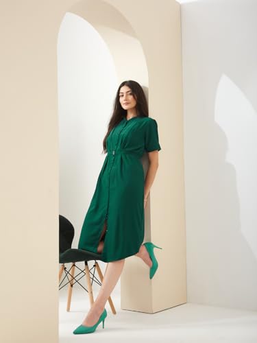 Latin Quarters Women Green Mandarin Half Sleeves A-Line Solid Casual Dress_XXL