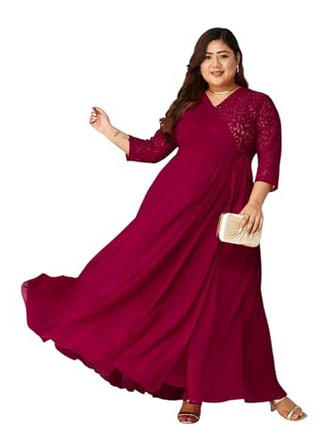 Miss Chase A+ Women's V-Neck Three-Quarter Sleeve Self-Designed Wrap Maxi Dress (APSS21D14-67-465-08, Mulberry Pink, 3XL)