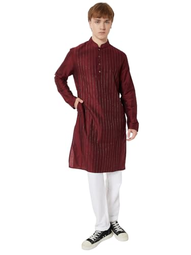 Max Men Striped Straight Long Kurta (Red_L)