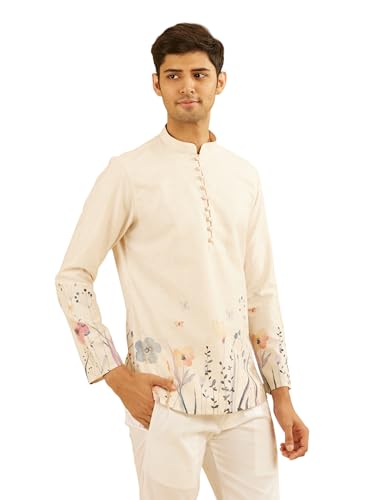 Manyavar Men's Cotton Blend Pastel Floral Prints Short Kurta (Beige,XL)
