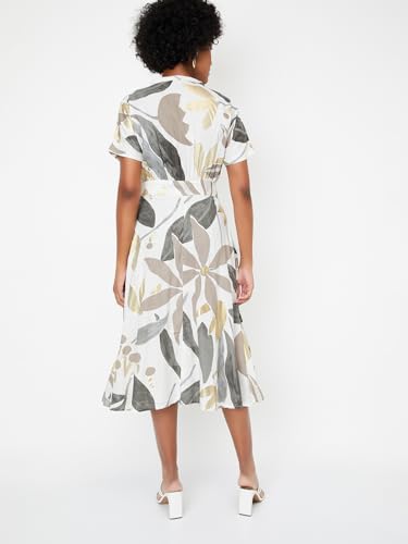 Women Printed A-Line Dress,Off White,XS
