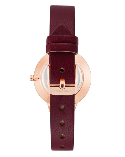 Nine West Women's Floral Dial Analog Watch, Burgundy Faux Leather Band, Vegan Leather Strap, Limited Movement, Rose Gold-Tone Textured Face with Floral Design