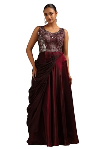 Soch Womens Wine Tissue Embellished Gown with Mirror Work