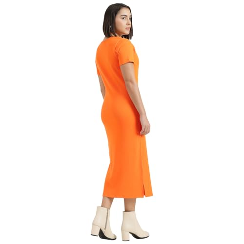 United Colors of Benetton Round Neck Solid Dress (Size : XS) - 26P3RYCD400YI0F4 Orange