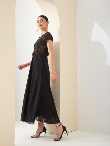 Latin Quarters Women Black V- Neck Short Sleeves A-Line Sequined Party Dress_XXL