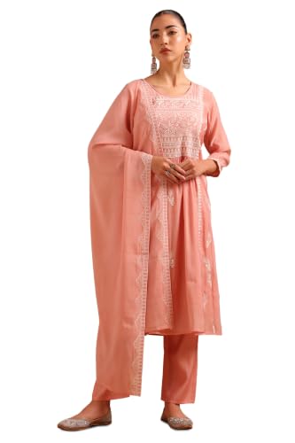 Soch Womens Peach Mul Chanderi Embroidered Botanical Chikankari Embroidery Salwar Suit