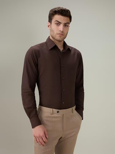 Raymond Men Slim Fit Solid Chambray Pattern Pure Cotton Semi Cutaway Collar Full Sleeve Formal Shirt