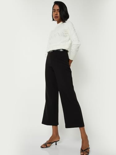 Max Women Solid Wide-Leg Crop Trousers with Belt (Black_36)
